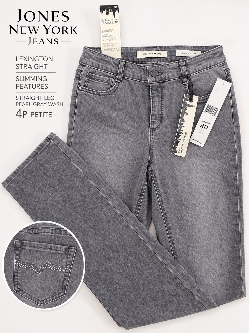 NWT Jones New York Lexington Straight Slimming Jeans 4P Pearl Gray Wash Stretch